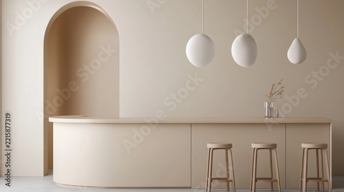 Refined Island Bar Design with Soft beige island bar curved cabinets sculptural pendants min