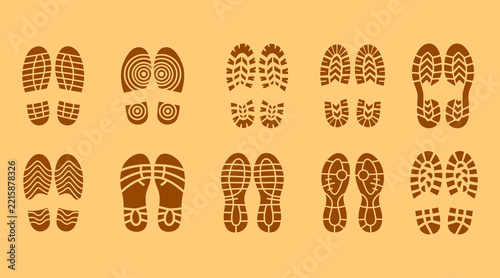 Footwear Imprint Collection with Hiking Boots and Sneaker Shoe Prints Silhouette Set