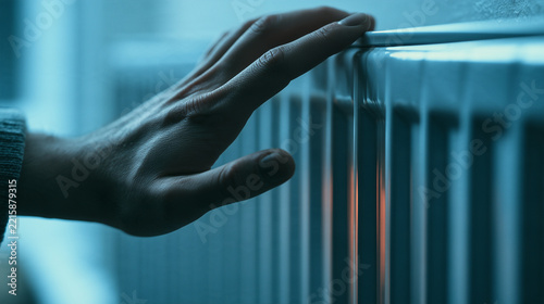 Photorealistic close-up of a person's hand touching a cold radiator in an apartment, checking if the heating is working