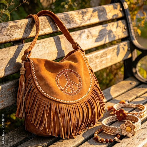 Boho suede fringe bag with peace symbol and handmade bracelets on a wooden bench