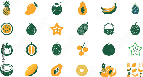 Tropical Fruit Icon Set Featuring Pineapple, Mango, Coconut, Papaya, Banana, Dragon Fruit, and Starfruit Vectors