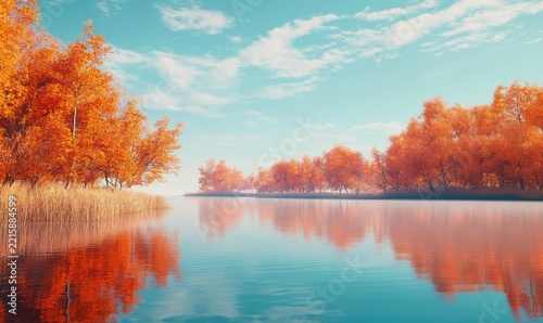 Scenic autumn forest reflected in a calm lake, vibrant orange and red hues blending beautifully with the clear blue sky, serene outdoor escape, peaceful nature scene,