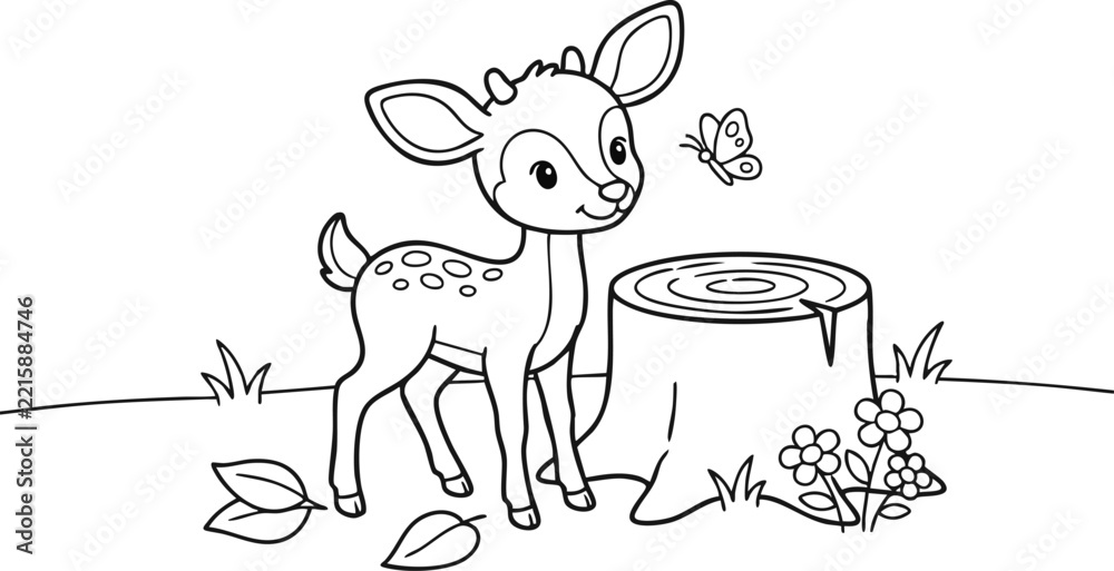 Fototapeta premium Cute little fawn standing beside a tree stump and looking at a butterfly in the forest, outlined black and white vector illustration for children coloring page