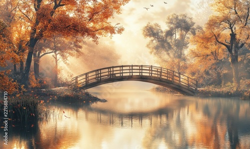 Scenic autumn landscape with a wooden bridge crossing a calm river, soft golden light reflecting on the water