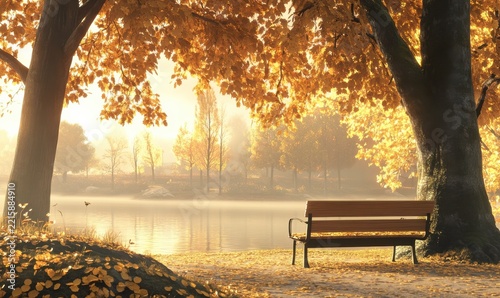 Scenic autumn park with a bench surrounded by trees with golden leaves, soft golden light creating a calm and serene atmosphere