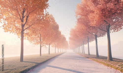 Scenic pathway lined with autumn trees in full golden color, soft morning mist creating a peaceful, serene atmosphere