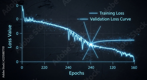 Neon glowing training and validation loss curve chart on a dark textured background