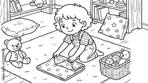 Little boy folding laundry on rug in nursery for home organization coloring book page art.