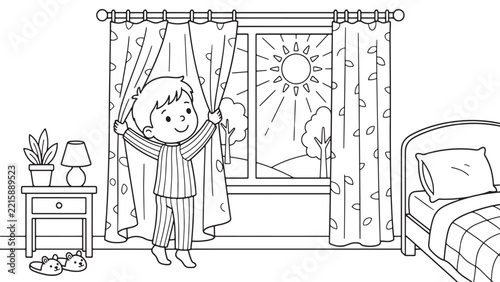 A boy in pajamas is opening curtains to reveal a sunny day outside his window.