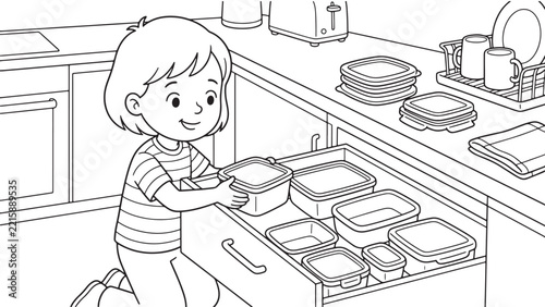 A girl is organizing plastic food containers in a kitchen drawer with a smile.