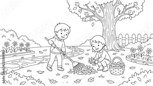 A boy and a girl are raking and gathering autumn leaves in a backyard garden.