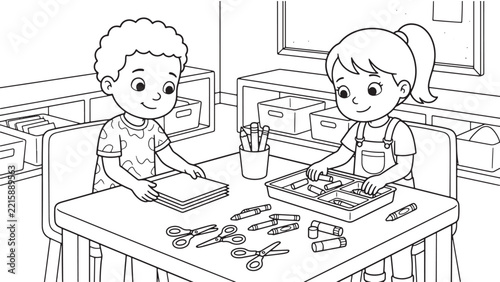 A boy and girl are preparing art supplies for a creative drawing and crafting session.