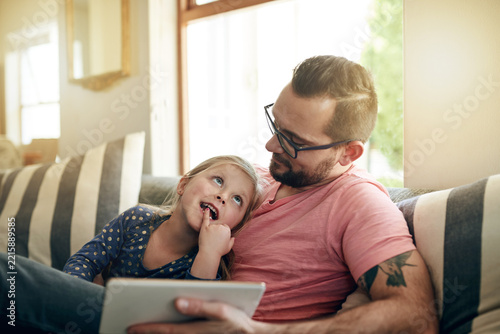 Fotografie Happy, man or child on couch with tablet, watching or bonding for special family memory