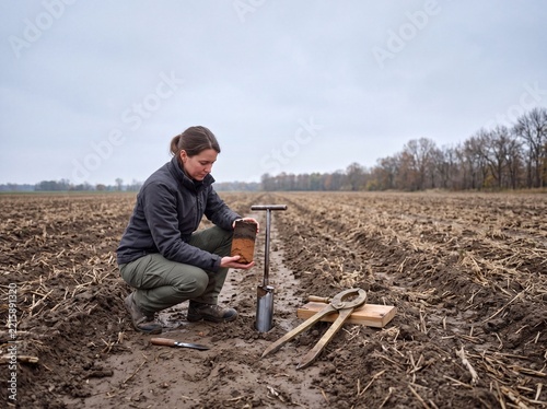 Female agronomist or soil scientist taking soil samples in an agricultural field with a corer to test quality and fertility