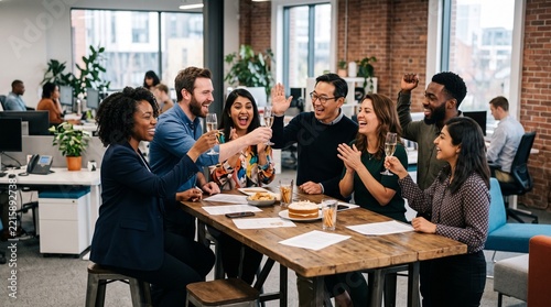 Diverse group of colleagues celebrating success with champagne and cake in a modern office environment