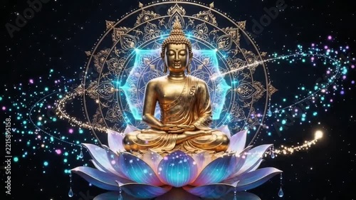 Golden Buddha Lotus Meditation on Starry Night Celebration Background