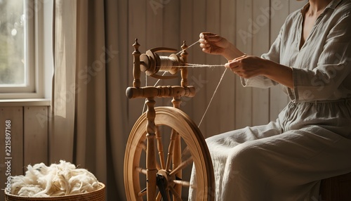 Skilled artisan woman spinning yarn on wooden wheel by a bright window for traditional handicraft and sustainable textile production concept