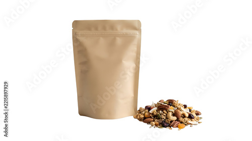 Blank kraft paper pouch bag for food packaging with a pile of granola, nuts, and dried fruits isolated on transparent background