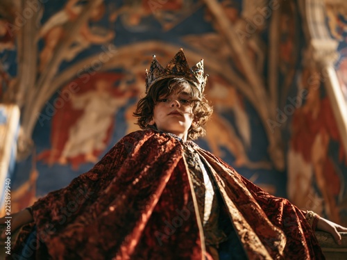 Serious young boy wearing a crown and royal cape