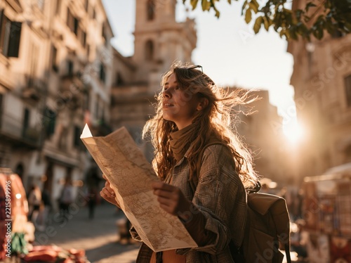 Young woman traveler holding map on city street at golden hour