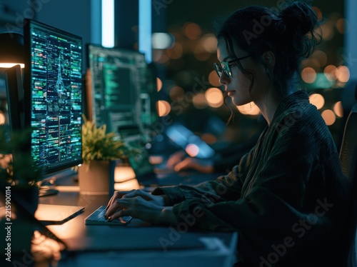 Woman working on computer with code on screen at night