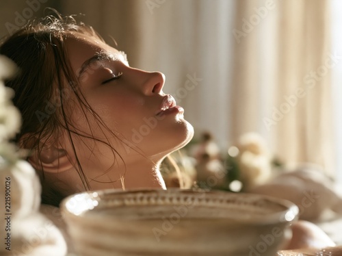 Woman with eyes closed in sunlight, close-up profile
