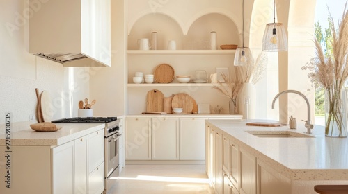 Elegant High End Kitchen Showing Premium kitchen layered arches cream cabinetry terrazzo count