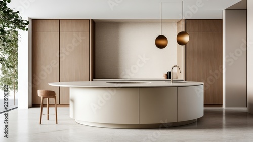 Luxurious Modern Kitchen Featuring High-end kitchen with circular island curved cabinets sculptu