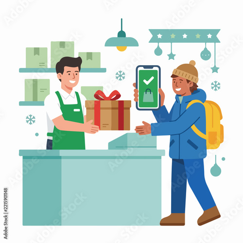 Holiday shopping click and collect. Store pickup and mobile confirmation. Flat vector illustration