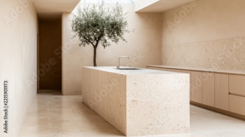 Luxurious Modern Kitchen Featuring Luxury kitchen with indoor olive tree limestone island warm b