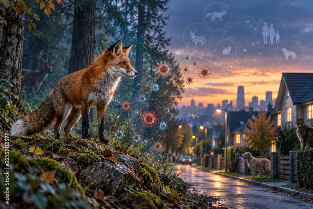 Fototapeta premium Rabies Spillover Risk from Wildlife to Pets and Humans in Urban Areas