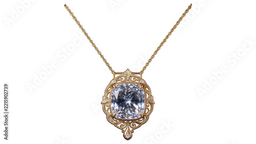 Gold Diamond Pendant Necklace Isolated on Transparent PNG Background