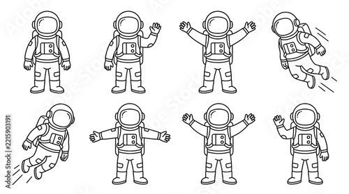 Set of cute cartoon astronaut characters in spacesuits performing different poses and actions with astronaut character cosmonaut