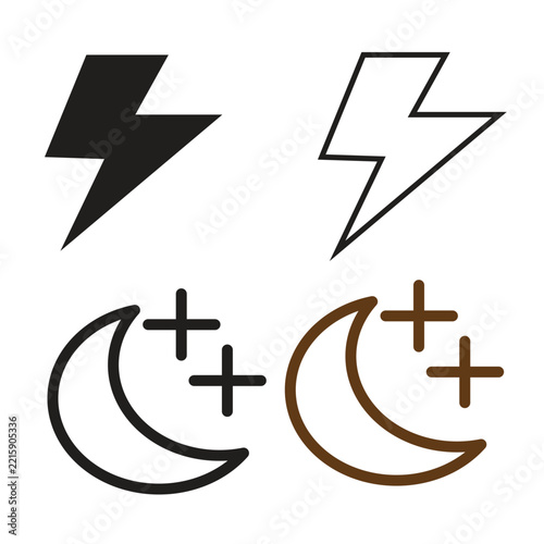 Weather Lightning Bolt Thunderstorm Night Moon Stars Forecast Set Vector Icon