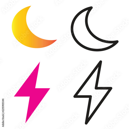 Weather Night Crescent Moon Lightning Bolt Forecast Set Vector Icon