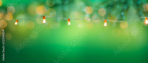 String of glowing warm Christmas fairy lights against a blurred green festive background with soft bokeh circles
