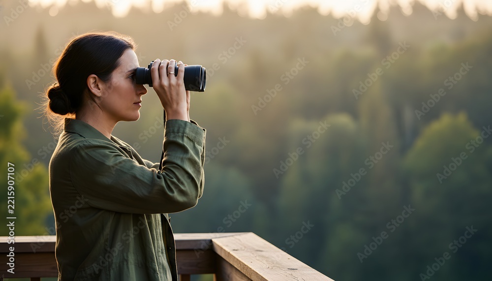 Fototapeta premium Young woman watching birds through binoculars on wooden terrace in scenic forest landscape for ecotourism and wildlife exploration concept