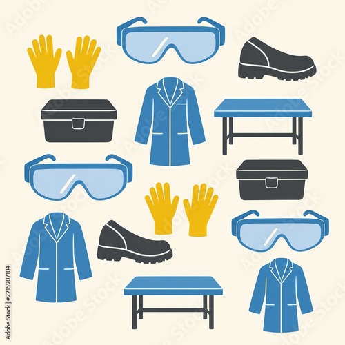 Laboratory safety pattern with coats goggles gloves and workbenches