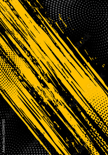 Abstract Yellow and Black Grunge Brush Stroke Background with Halftone Pattern for Sport, Banner, and Poster Design