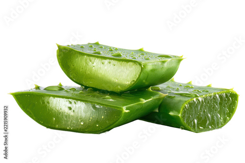 Fresh sliced green aloe vera leaves with gel texture isolated on transparent background. Fresh aloe vera slices isolated on white background.