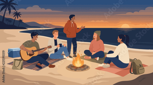 Friends playing guitars by beach campfire at sunset