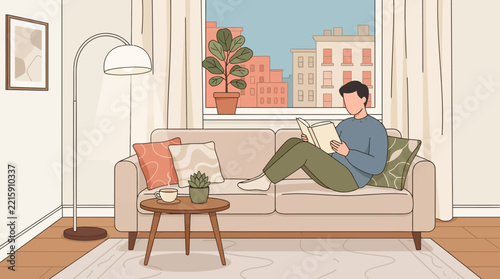 Person relaxing on couch reading book