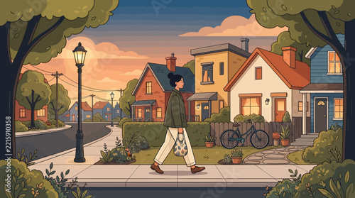 Woman walking dog in suburban neighborhood