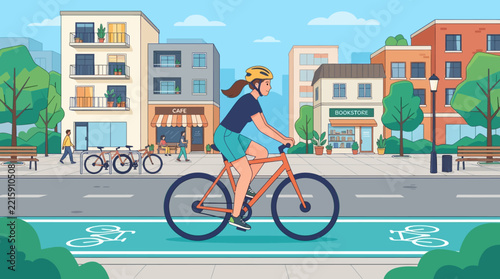 Woman riding bicycle with child in urban street