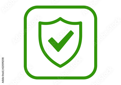 A unique style large shamrock green shield icon with a perfect check mark symbol silhouette inside a perfect rounded square frame