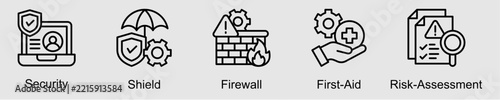 Safety and Security System banner web icon set vector illustration concept with icon of security, shield, firewall, first aid, and risk assessment.