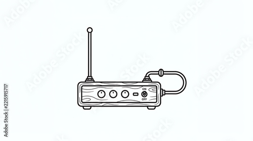 A black and white line art icon of a wooden electronic musical instrument with antenna with knobs plain background