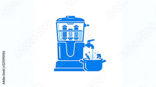 A blue water purifier unit dispensing clean filtered water into a cooking pot with vegetables with purification system filling