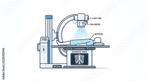 An illustration showing a patient lying on a table during a medical x ray imaging procedure with scanned produce diagnostic