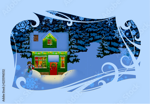 A Christmas and New Year's greeting card featuring a house in a winter spruce forest at night, set within a decorative paper-cut style frame. Vector illustration in 3d design syle.